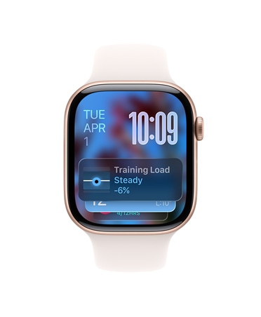 Apple Watch Series 11, culoare Roz auriu, carcas? din aluminiu, sugestie din Stiva inteligent?, curea Sport, culoare U?oar? ?mbujorare