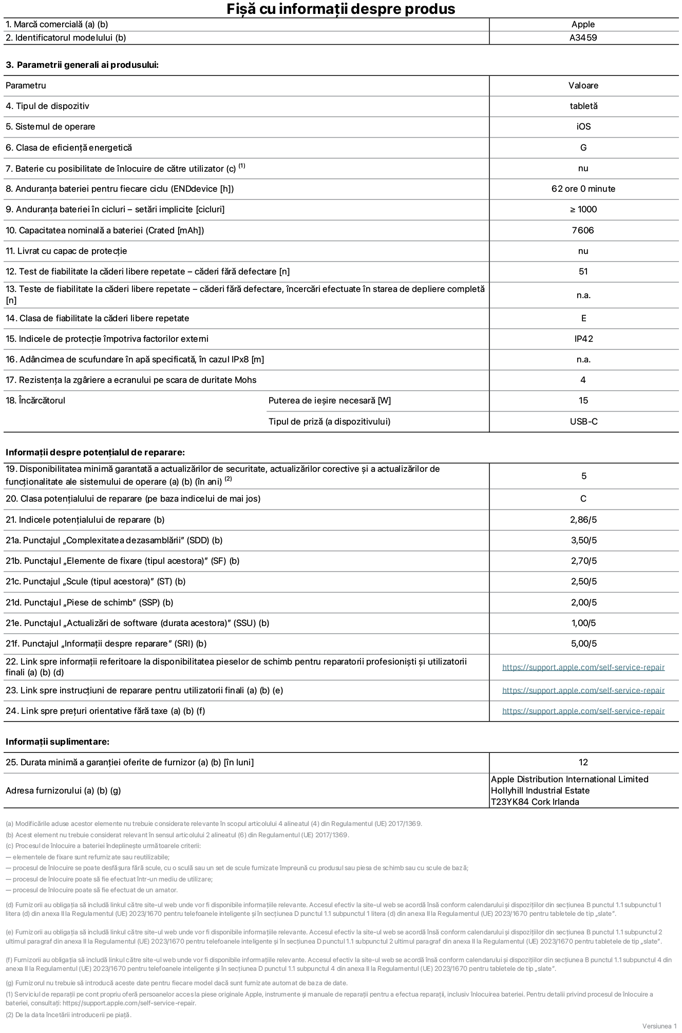 Fi?? cu informa?ii despre produs pentru iPad Air Wi-Fi de 11 inchi, model A3459. Furnizat? de Apple Distribution International Limited, Hollyhill Industrial Estate. Cork, Irlanda, T23 YK84. Tipul de dispozitiv: tablet?. Sistemul de operare: iOS. Clasa de eficien?? energetic?: G. Baterie cu posibilitate de ?nlocuire de c?tre utilizator: nu. Anduran?a bateriei pentru fiecare ciclu: 62 de ore. Anduran?a bateriei ?n cicluri – set?ri implicite: mai mare sau egal? cu 1000. Capacitatea nominal? a bateriei: 7606 miliamperi-or?. Livrat cu capac de protec?ie: nu. Test de fiabilitate la c?deri libere repetate – c?deri f?r? defectare: mai mare sau egal cu 51. Test de fiabilitate la c?deri libere repetate – c?deri f?r? defectare, ?ncerc?ri efectuate ?n starea de depliere complet?: nu se aplic?. Clasa de fiabilitate la c?deri libere repetate: E. Indicele de protec?ie ?mpotriva factorilor externi: IP42. Adancimea de scufundare ?n ap? specificat?, ?n cazul IPx8: nu se aplic?. Rezisten?a la zgariere a ecranului pe scara de duritate Mohs: 4. Puterea de ie?ire necesar? pentru ?nc?rc?tor: 15 wa?i. Tipul de priz? pentru ?nc?rc?tor (a dispozitivului): USB-C. Disponibilitatea minim? garantat? a actualiz?rilor de securitate, a actualiz?rilor corective ?i a actualiz?rilor de func?ionalitate ale sistemului de operare: 5 ani. Clasa poten?ialului de reparare: C. Indicele poten?ialului de reparare: 2,86/5. Punctajul ?Complexitatea dezasambl?rii” (SDD): 3,50/5. Punctajul ?Elemente de fixare”: 2,70/5. Punctajul ?Scule”: 2,50/5. Punctajul ?Piese de schimb”: 2,00/5. Punctajul ?Actualiz?ri de software”: 1,00/5. Punctajul ?Informa?ii despre reparare”: 5,00/5. Link spre informa?ii referitoare la disponibilitatea pieselor de schimb pentru reparatorii profesioni?ti ?i utilizatorii finali: https://support.apple.com/self-service-repair. Link spre instruc?iuni de reparare pentru utilizatorii finali: https://support.apple.com/self-service-repair. Link spre pre?uri orientative f?r? taxe: https://support.apple.com/self-service-repair. Garan?ie general? oferit?: 12 luni.
