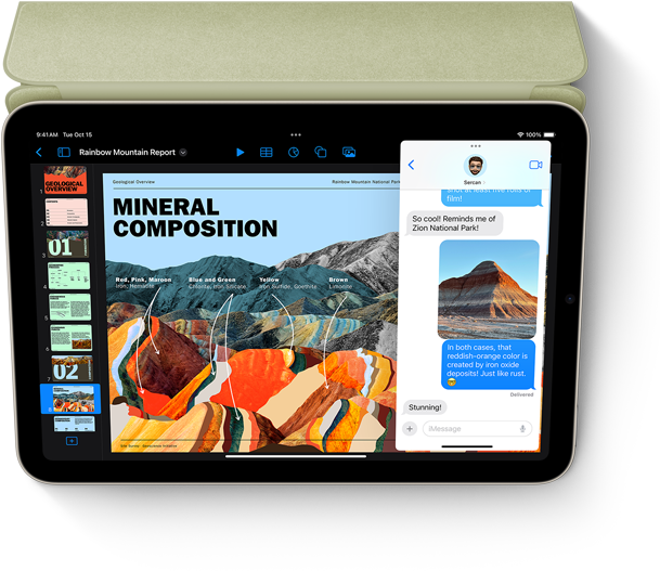 iPad mini ?n dispunere orizontal? afi?and Keynote ?i Mesaje cu Slide Over.