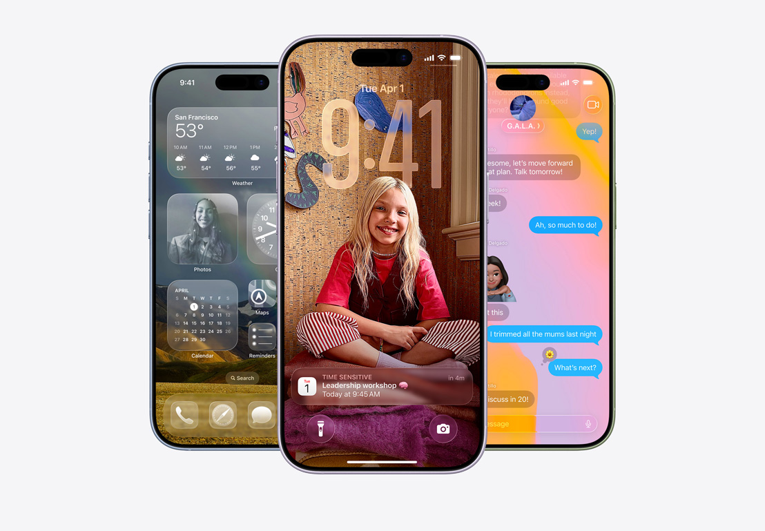 Ecran iPhone afi?and o fereastr? pop-up cu func?ia Filtrare apel, ecran iPhone afi?and o fereastr? pop-up din Calendar pe un fundal personalizat cu poza unui copil, ecran iPhone afi?and aplica?ia Mesaje cu design Liquid Glass