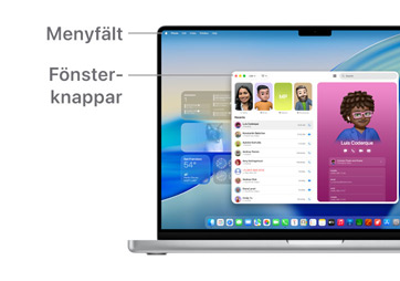 En visning av macOS-navigering, som menyf?ltet l?ngst upp p? MacBook-enhetens sk?rm och Dock.