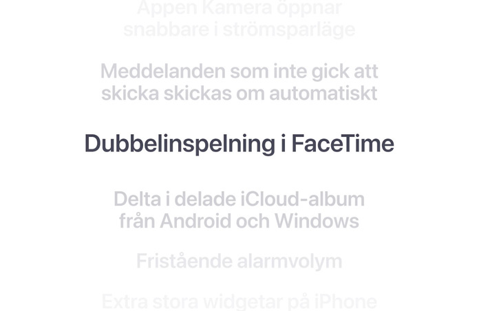 En vertikal lista med funktioner och ”Dubbelinspelning i FaceTime” i mitten markerad med fetstil. Funktioner runt omkring tonas bort i bakgrunden ovanf?r och nedanf?r.