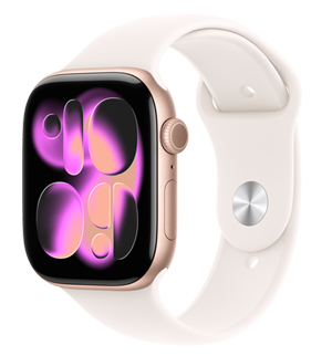 Apple Watch Series 11, hliníkovy kryt vo farbe ru?ové zlato, ciferník Responsive Art, poh?ad zvonku na pravú stranu, korunka Digital Crown, mikrofón, bo?né tla?idlo, ru?ovkasty ?portovy remienok