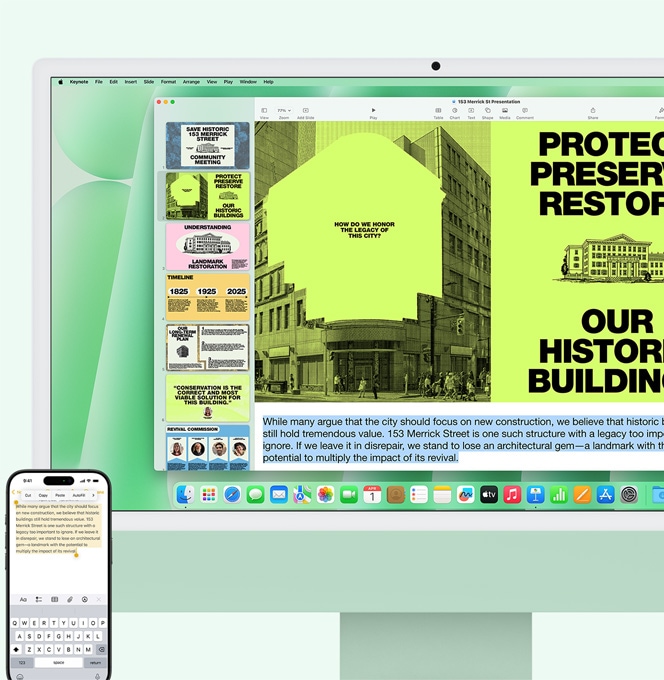 Zeleny iMac a iPhone ved?a seba. Text z apky Poznámky na iPhone sa kopíruje a vkladá do iMacu