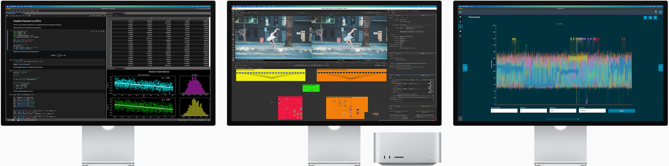 Mac Studio a tri displeje Studio Display, ktoré majú na obrazovke r?zne apky macOS