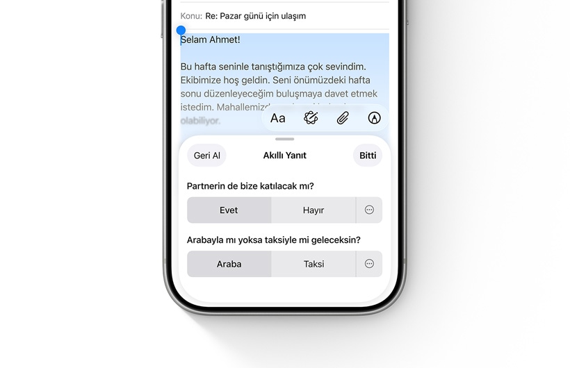 Mail uygulamas?ndaki Ak?ll? Yan?t se?enekleri bir iPhone’da g?steriliyor.