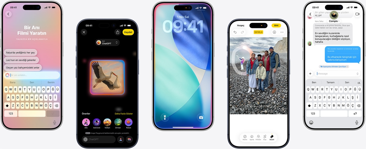 ?u Apple Intelligence ?zelliklerinin g?sterildi?i be? iPhone ayg?t?: An? Filmi yaratma, Image Playground’da tasar?m olu?turma, ?er?evenin i? k?sm? parlayan iOS Kilit Ekran?, telefon g?rü?mesi s?ras?nda canl? ?eviri ve Mesajlar’da ger?ek zamanl? ?eviri.