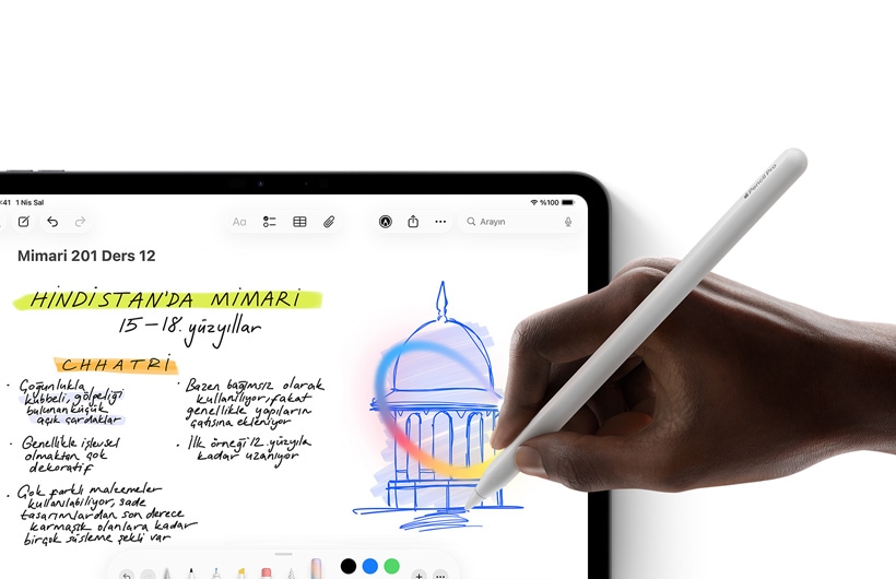 Apple Pencil tutan bir el, iPad’deki Notlar uygulamas?nda bir eskizin etraf?na bir daire ?iziyor.