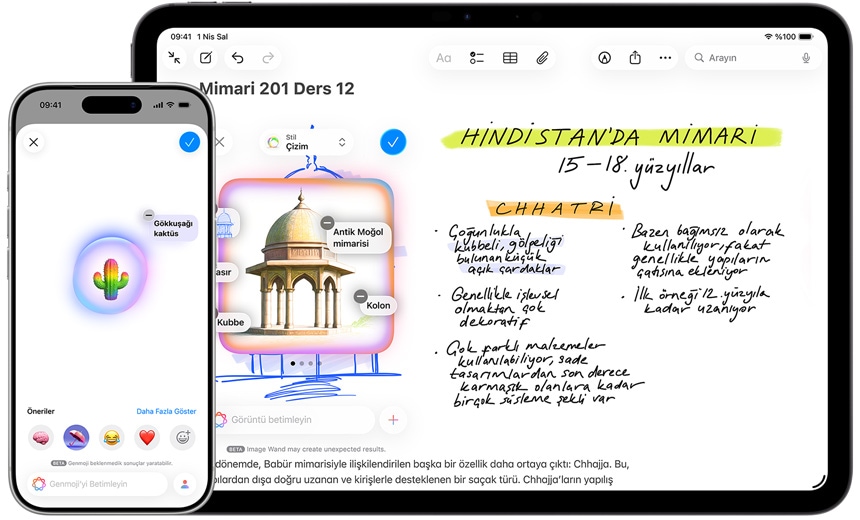 iPhone ve iPad’de, g?kku?a?? renklerinde bir kaktüs Genmoji’si olu?turma ve G?rsel Sihirbaz? ile bir eskizi Babür ?arda??na d?nü?türme i?lemleri g?steriliyor.