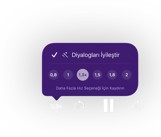 Apple Podcast’ler oynatma denetimleri, mor bir a??l?r menüde Diyaloglar? ?yile?tir’in etkinle?tirildi?i ve 0,8 ile 2 aras?ndaki oynatma h?z? se?eneklerinden 1,3x ayar?n?n se?ildi?i g?steriliyor, metin: Daha Fazla H?z Se?ene?i ??in Kayd?r?n, a?a??daki denetimlerde 15 saniye geriye atla, duraklat ve 30 saniye ileriye atla bulunuyor.