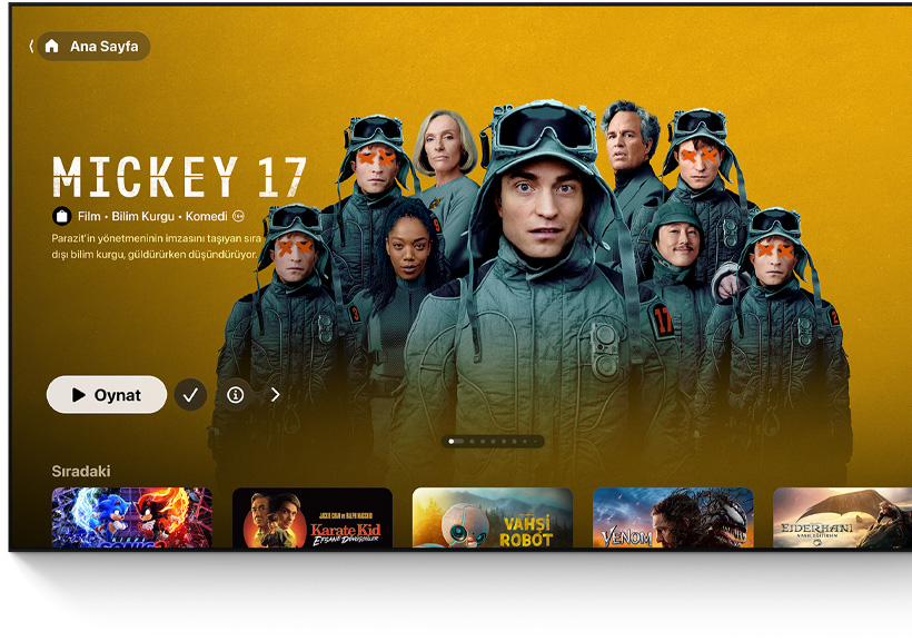 Mickey 17 filmine ait bir g?rselin üzerinde Apple TV uygulamas?n?n g?rüntüsü.
