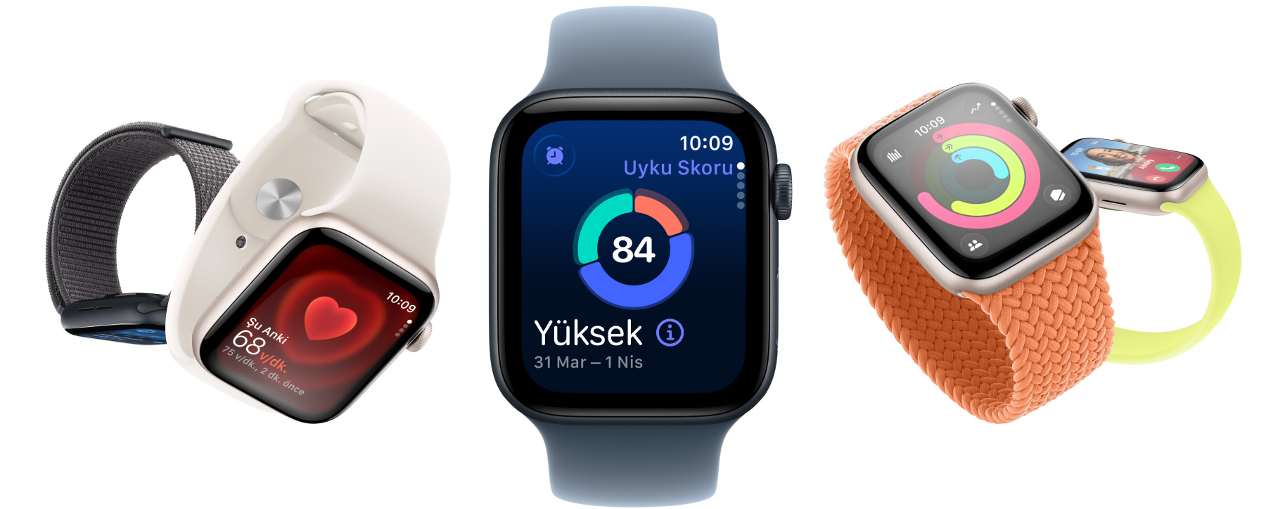 Ya?am Bulgular?, Kalp At?? H?z? gibi uygulamalar ve Uyku Skoru, Aktivite halkalar?, arama yan?tlama gibi ?zelliklerle sunulan alüminyum kasaya sahip y?ld?z ????? ve gece yar?s? renkte Apple Watch SE 3