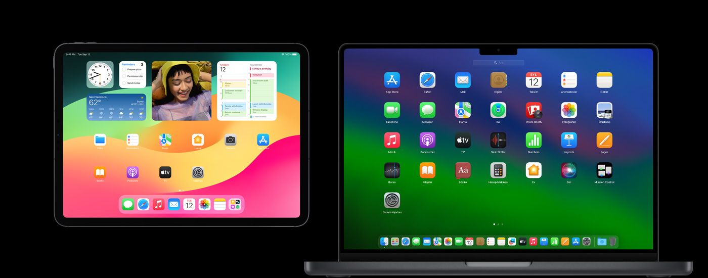 Bir iPad ve bir Mac ekran?nda ?e?itli uygulama simgeleri g?steriliyor. iPad ekran?nda Takvim, Hava Durumu ve Foto?raflar dahil olmak üzere ?e?itli ara? tak?mlar? g?steriliyor.