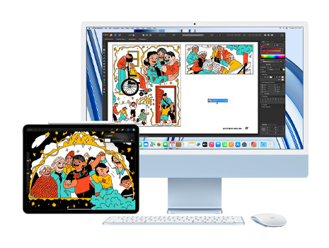 Bir iPad ve iMac monit?ründe g?rüntülenen cesur ve e?lenceli bir illüstrasyon. iMac’te g?rüntülenen ?izim, yarat?c? bir uygulaman?n i?inde g?steriliyor.