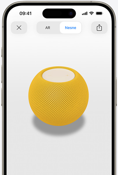 AR g?rünümünde, bir iPhone’un ekran?nda Sar? renkte HomePod.