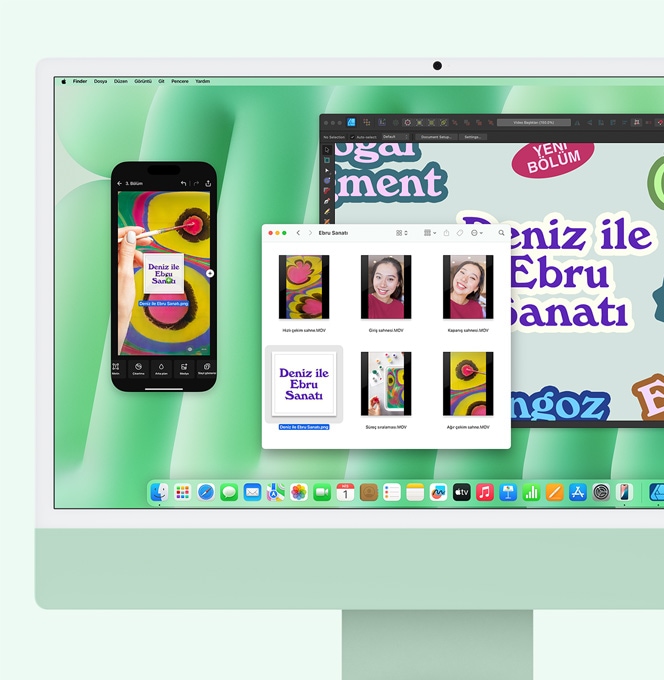 Ye?il iMac. iPhone Yans?tma ?zelli?inin kullan?mda oldu?u g?rülüyor. iMac’ten bir dosya, yans?t?lan iPhone ekran?na sürükleniyor