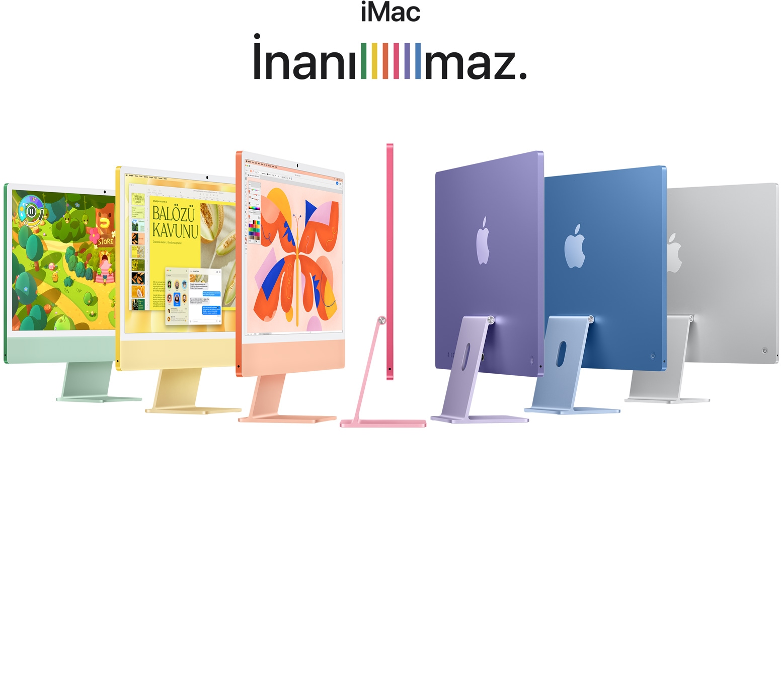 Farkl? renklerde iMac’ler (Ye?il, Sar?, Turuncu, Pembe, Mor, Mavi, Gümü?) akordiyon diziliminde g?steriliyor
