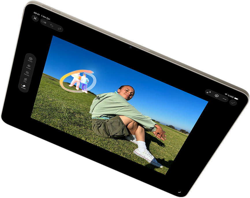 Yatay pozisyondaki iPad Air’in ekran?nda Apple Intelligence ile Foto?raflar uygulamas?ndaki Düzeltme arac? g?steriliyor