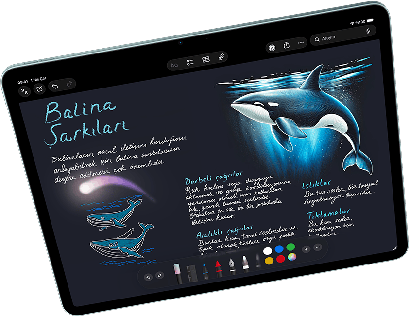 Ekran?nda Apple Intelligence ?zellikli Image Playground ve Keynote uygulamalar?n?n g?sterildi?i yatay pozisyondaki iPad Air ve Apple Pencil Pro