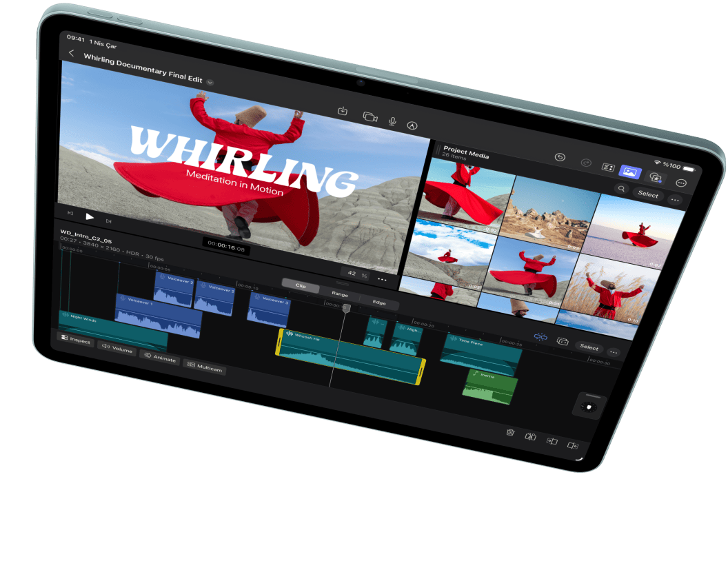 Yatay pozisyonda iPad Air, Final Cut Pro’da video düzenlendi?i g?steriliyor