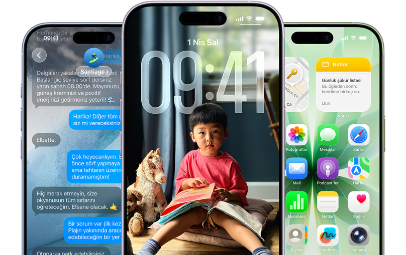iPhone 17 ayg?tlar?, ?nden d?? g?rünüm, sis mavisi, lavanta, ada ?ay? renk se?enekleri, iOS ?zellikleri - Arka Plan? ki?iselle?tirilmi? mesajlar sohbeti, Liquid Glass efektiyle Kilit Ekran? ve ?e?itli uygulamalar?n yer ald??? Ana Ekran