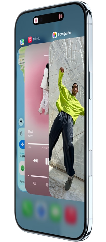 iPhone Air’in ?nden ve yandan d?? g?rünümü, Harita, Music ve Apple TV+ uygulamalar?yla Uygulama De?i?tirici ?zelli?inin kullan?m?n? g?steriyor