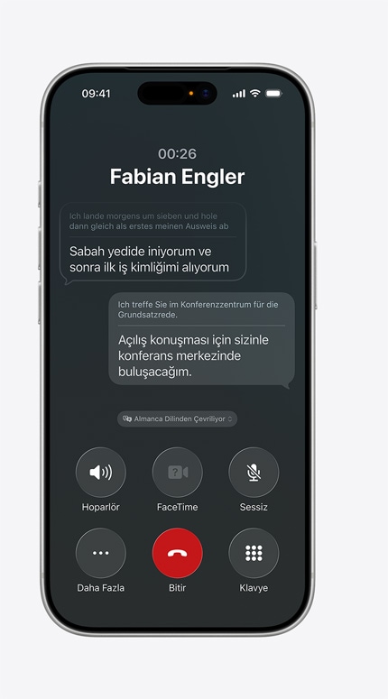 iPhone ekran?nda bir mesaj?n Canl? ?eviri ile Almancadan ?ngilizceye ?evrildi?i g?rünüyor