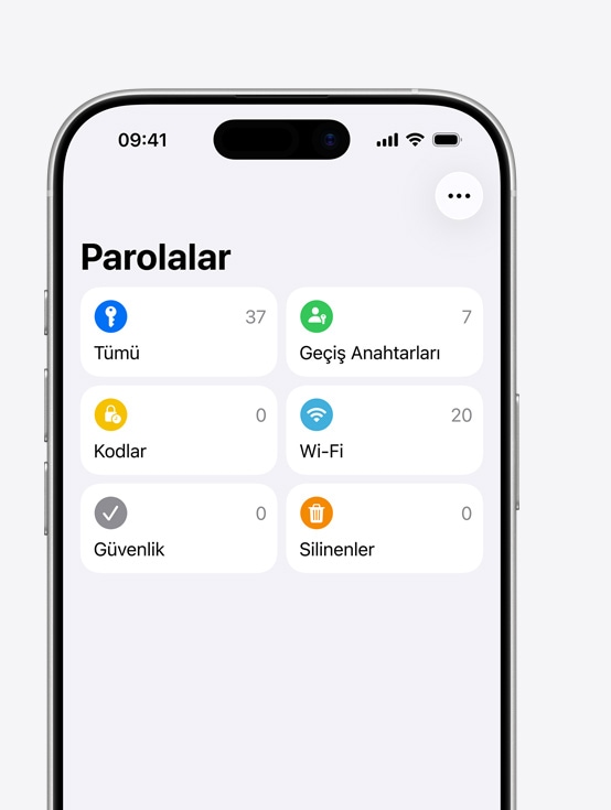 iPhone ekran?nda Tümü, Ge?i? Anahtarlar?, Kodlar, Wi-Fi, Güvenlik ve Silinenler se?enekleriyle Parolalar menüsü g?steriliyor