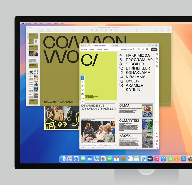 Dock'ta bulunan ?e?itli uygulamalar? ve kullan?mdaki Safari ve Adobe Acrobat’? g?steren renkli ekran
