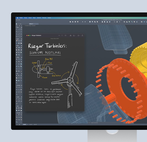 üzerinde notlar ve ?izimlerin bulundu?u bir Autodesk AutoCAD projesinin a??k oldu?unu g?steren ekran