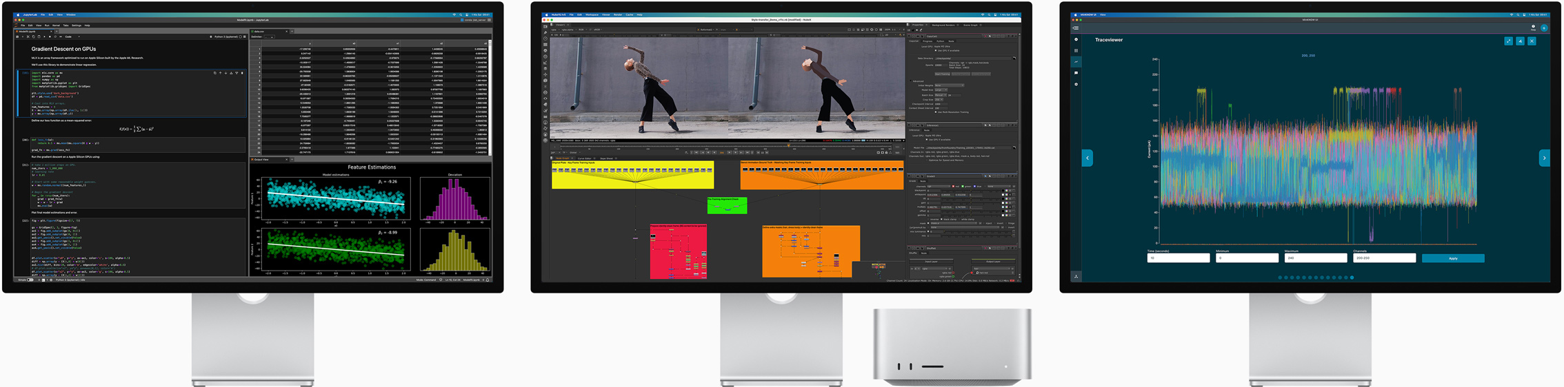 Mac Studio ve her birinde farkl? bir macOS uygulamas? g?sterilen ü? adet Studio Display