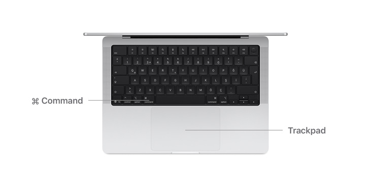 Command tu?u dü?mesi ve trackpad’in yerini g?steren ?izgilerle 14 in? MacBook Pro’nun üstten g?rünümü.