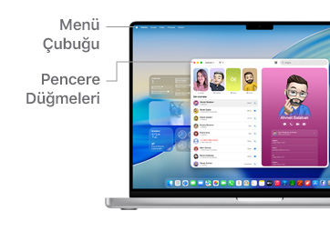 macOS’te gezinme turu, MacBook ayg?t? ekran?n?n üst k?sm?ndaki Menü ?ubu?u ve Dock gibi.