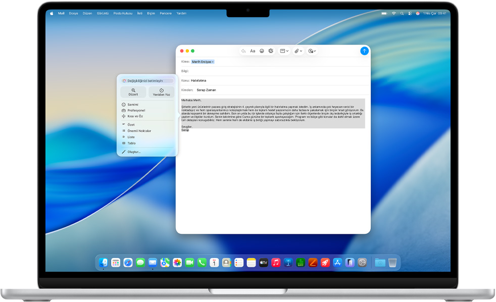 MacBook Air ekran?nda Apple Intelligence Yazma Ara?lar? ile yaz?lm?? bir mail g?steriliyor