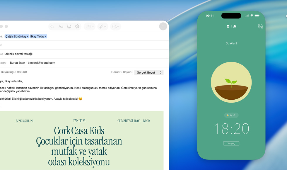 MacBook ekran?, Mail uygulamas? a??k, MacBook ekran?na yans?t?lan iPhone ekran?nda Forest uygulamas? g?steriliyor