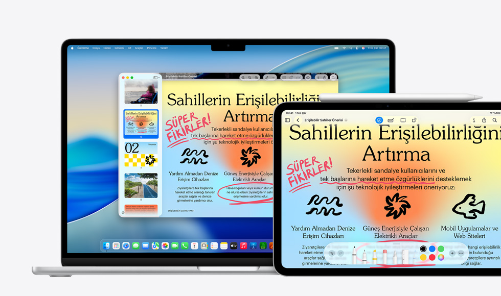 Birden fazla Apple ayg?t?, her ayg?tta ayn? g?rsel, iPad’deki g?rsel üzerinde i?aretleme yapmak i?in bir Apple Pencil kullan?lm??, i?aretleme di?er ayg?tlarda da g?steriliyor