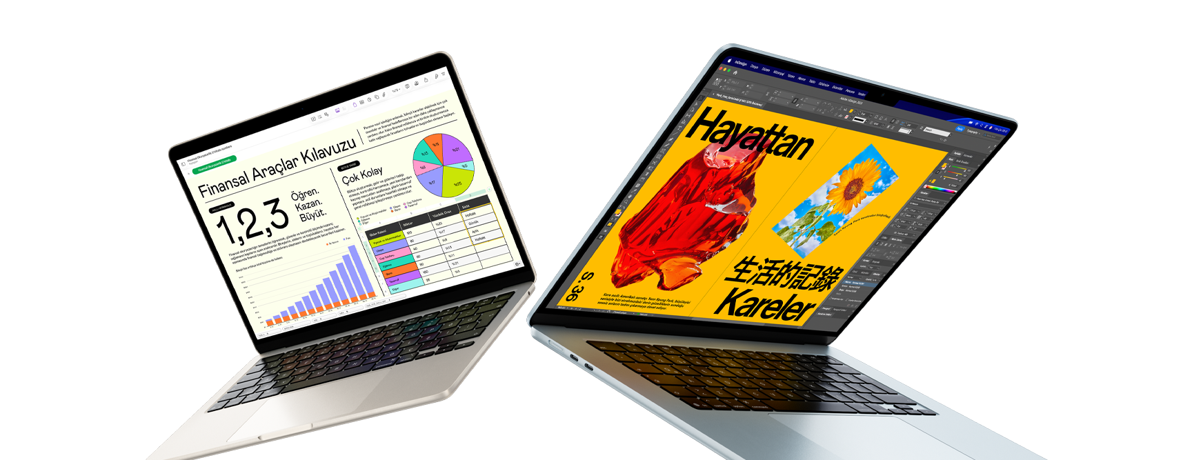 Birinin ekran?nda Numbers uygulamas?, di?erinin ekran?nda tasar?m ?al??malar? bulunan 13?in? ve 15?in? MacBook?Air laptoplar?n havada süzülen animasyonu