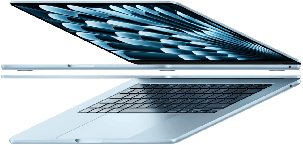 A??k duran iki adet g?k mavisi rengi MacBook Air, laptopun ince profiline vurgu yapmak i?in ok ?ekli olu?turacak ?ekilde duruyor