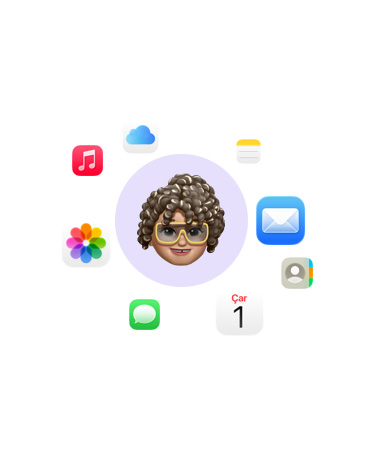 Gülümseyen yüz emoji’sinin etraf?n? ?evreleyen ?e?itli uygulama simgeleri: Müzik, iCloud Drive, Notlar, Mail, Ki?iler, Takvim, Mesajlar ve Foto?raflar