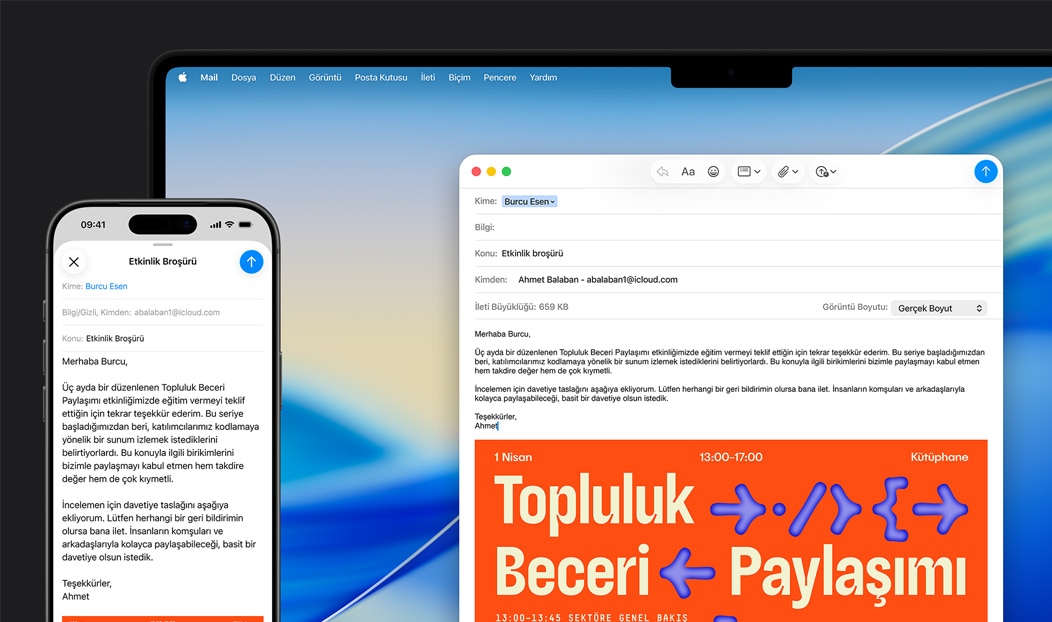 iPhone 16 Plus ve MacBook Pro, Mail uygulamas? a??k, her iki ekranda da ayn? mail tasla?? g?steriliyor