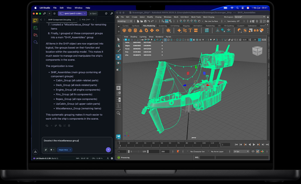 LM Studio ve Autodesk Maya’n?n g?sterildi?i MacBook Pro ekran?