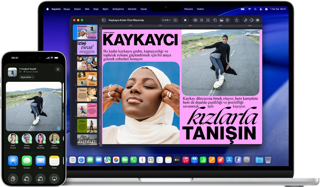 iPhone 16 Plus’ta Foto?raf uygulamas? a??k, 13 in? MacBook Air’de bir Keynote slayt? a??k, slaytta iPhone’daki ayn? foto?raf g?rünüyor