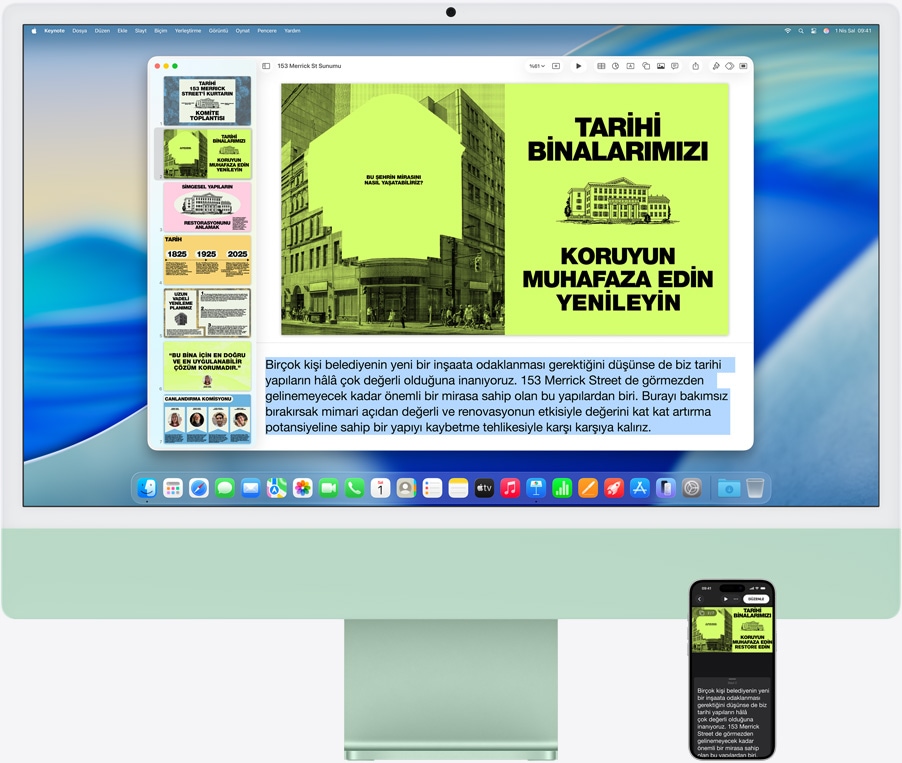 iMac ve iPhone 16 Plus, iMac’te Keynote uygulamas? a??k, iPhone’da slayt ve sunucu notlar? g?rünüyor