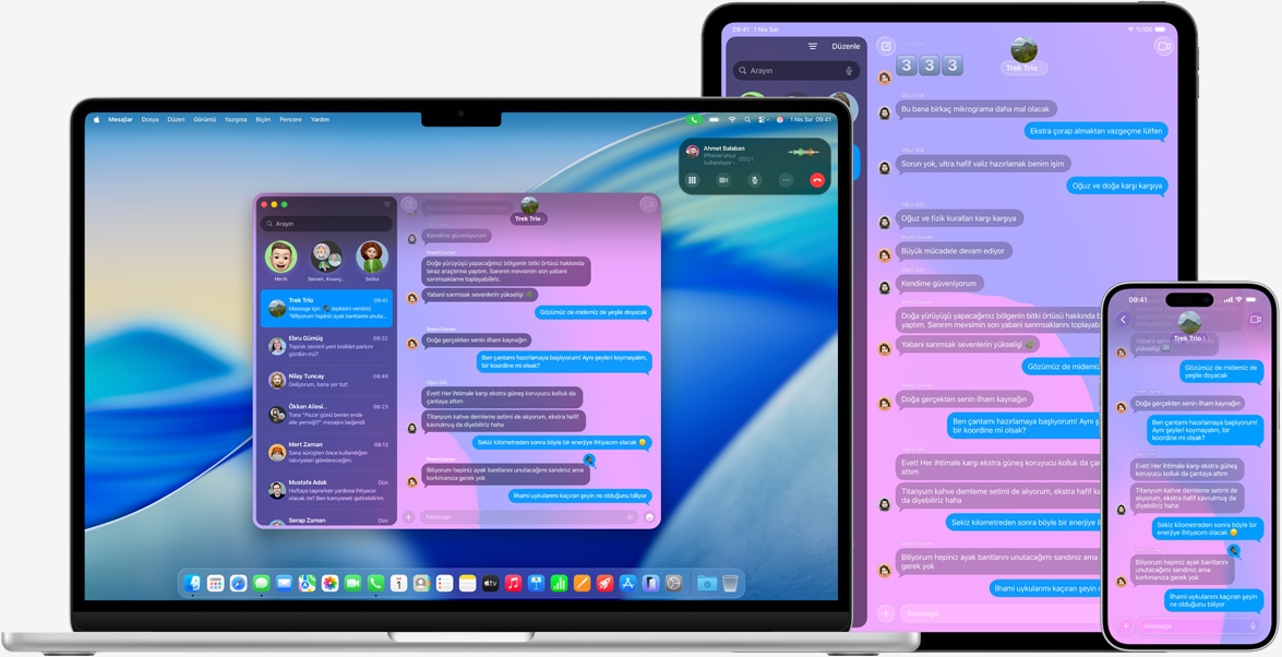 Apple ürünleri: 15 in? MacBook Air, 13 in? iPad Pro ve iPhone 16 Plus, her birinin ekran?nda ayn? iMessage sohbeti g?steriliyor