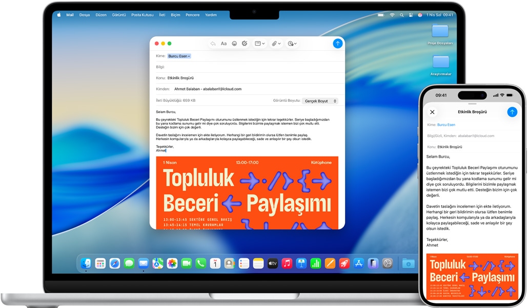 iPhone 16 Plus, 13 in? MacBook Air, Mail uygulamas? a??k, her iki ekranda da ayn? mail tasla?? g?steriliyor