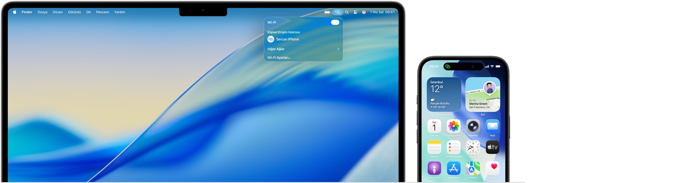 14 in? MacBook Pro, menü ?ubu?unda Denetim Merkezi a??k, Ki?isel Eri?im Noktas? ba?lant?s?nda “Eric’in iPhone’u” yaz?yor, iPhone 16 ekran?n?n sol üst k??esinde ye?il Ki?isel Eri?im Noktas? g?stergesi yer al?yor