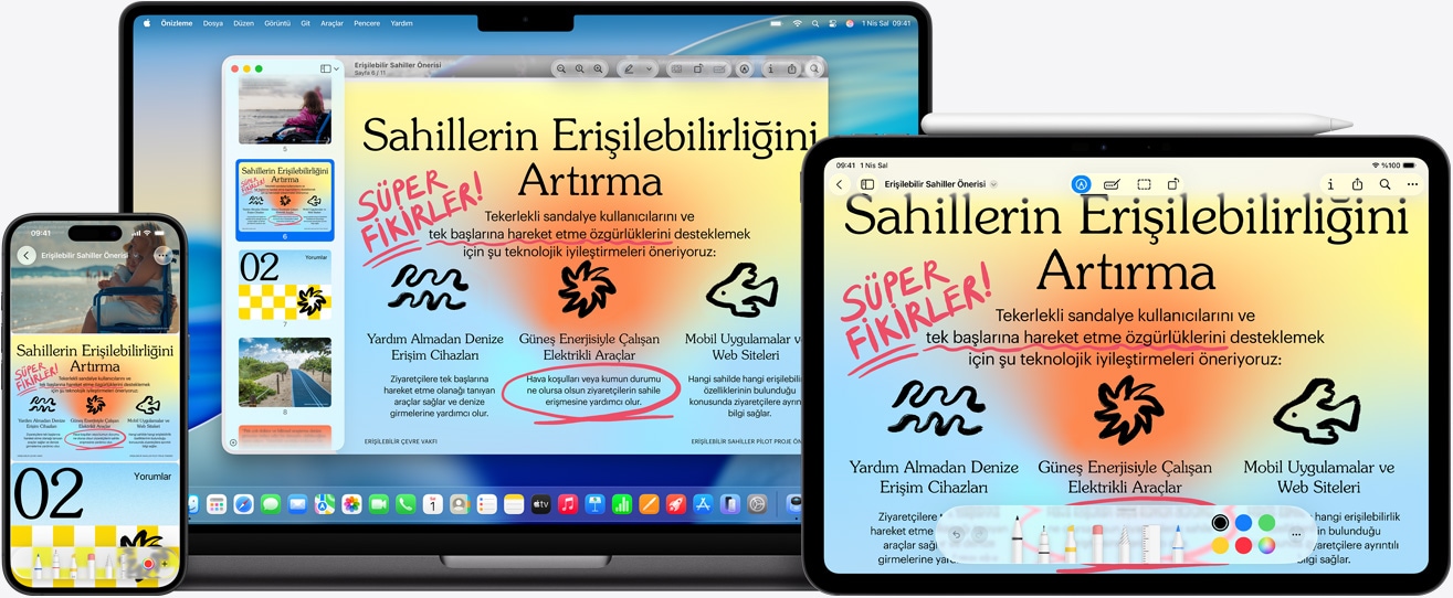 Birden fazla Apple ayg?t?, her ayg?tta ayn? g?rsel, iPad’deki g?rsel üzerinde i?aretleme yapmak i?in bir Apple Pencil kullan?lm??, i?aretleme di?er ayg?tlarda da g?rünüyor
