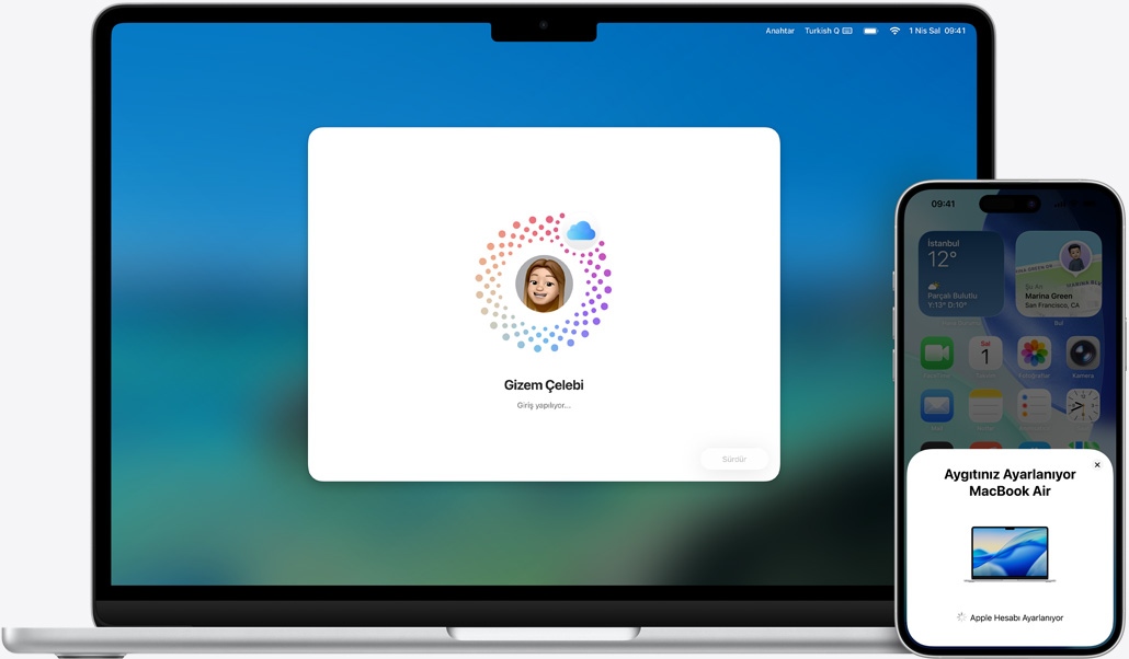 13 in? MacBook Air ve iPhone 16 Plus, MacBook’ta macOS yükleniyor, iPhone’da kurulum istemleri g?rünüyor