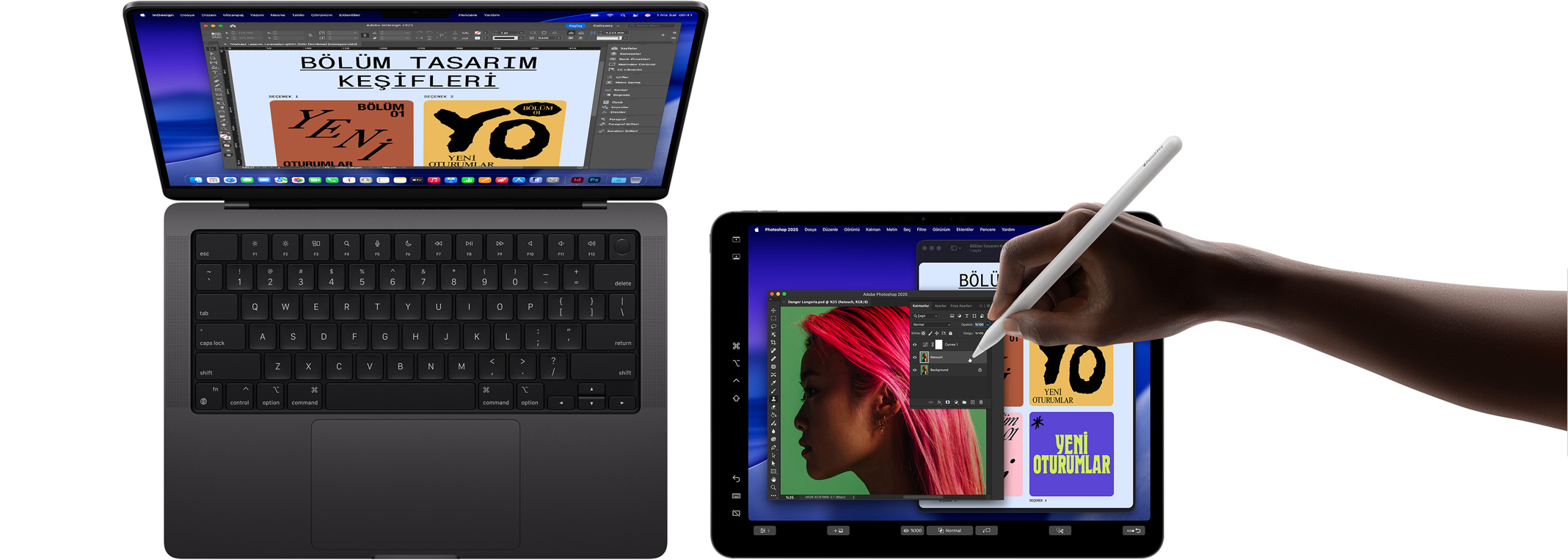 14 in? MacBook Pro, MacBook’un ekran?n? geni?letmek i?in 13 in? iPad Pro kullan?l?yor, bir el Apple Pencil Pro kullanarak iPad’deki g?rseli düzenliyor