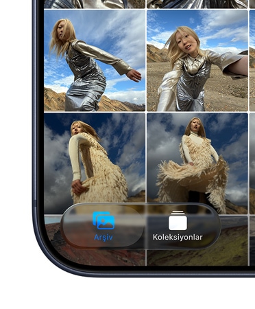 iPhone, ekran?n sol alt k??esinde yeni Liquid Glass tasar?m?yla Ar?iv ve Koleksiyonlar sekmelerini g?steren Foto?raflar uygulamas? kutucu?u yer al?yor